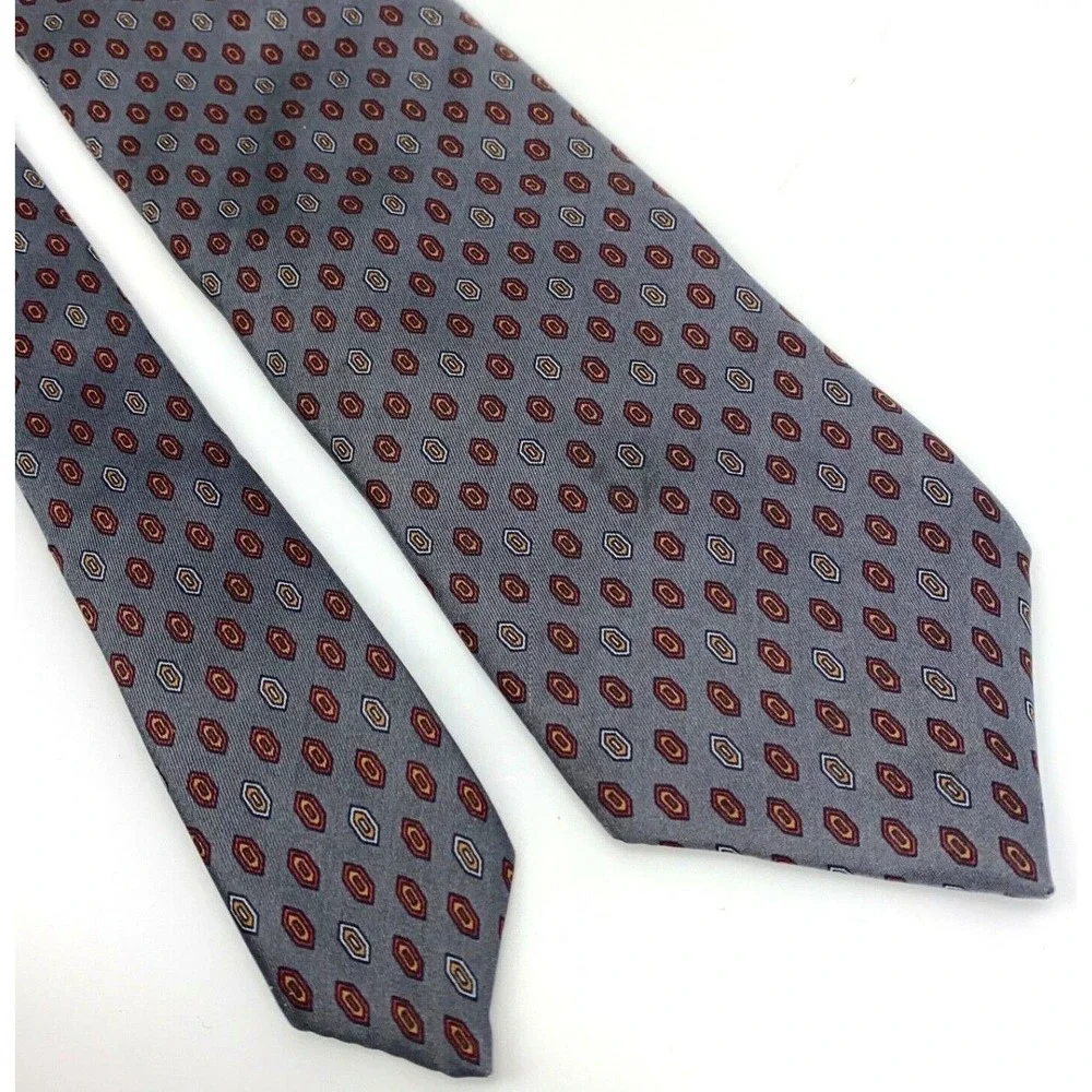 LANVIN Tie Geometric Gray Burgundy Blue White Orange Silk Mens Vintage Necktie